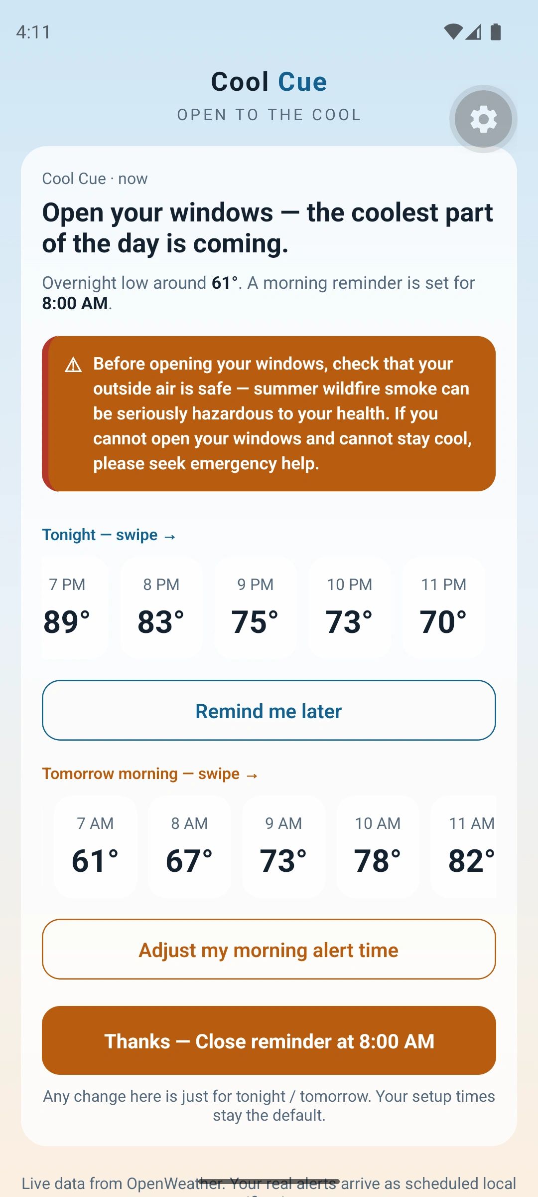 Cool Cue's evening reminder: open your windows, the coolest part of the day is coming, with tonight's hourly temperatures.